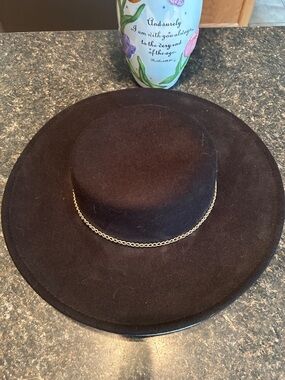 Black Wide-Brim Hat with Gold Chain Accent